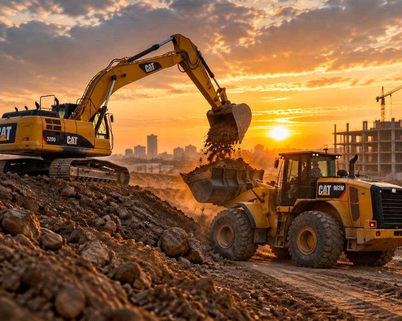 Yellow excavator and wheel loader working at a construction site at golden hour